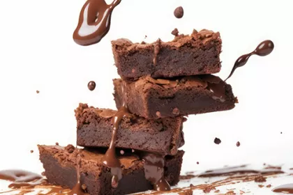 stack of brownies with chocolate syrup splatters