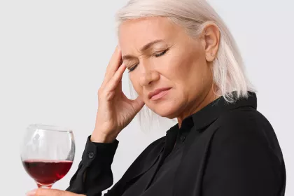 woman holding her head and a glass of red wine