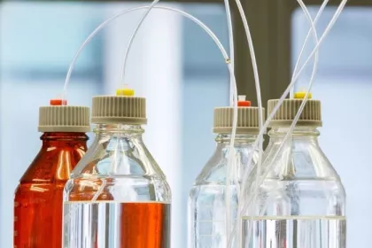 Glass bottles with plastic hose in flavor laboratory