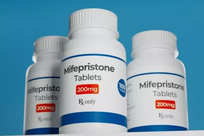 Mifepristone tablets in bottle. RU-486 Medical abortion pills. Used in combination with misoprostol.