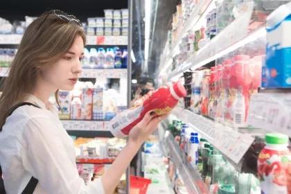 A woman reading labels while shopping for dairy at grocery store