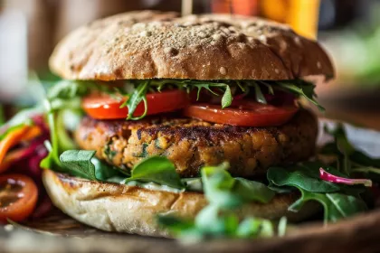 vegie burger on a plate with sesame bun and lettuce and tomato