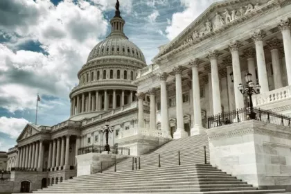 Stark cloudy weather over empty exterior view of the US Capitol Building in Washington DC, USA
