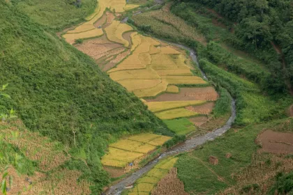 Bird's eye view of a river winding through hilly farmland 
