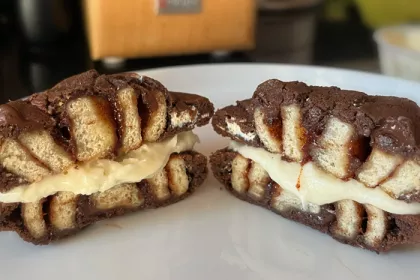 Cinnabon S'mores Cookie BonBite cut in half down the middle