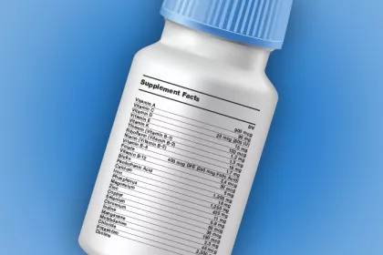 pill bottle with DVs and RDAs listed for vitamins