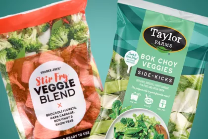 bag of Trader Joe's stir fry veggie blend. and Taylor farms Bok choy veggies.