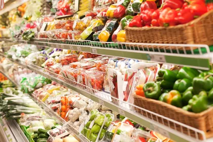 Shelves in the supermarket with produce