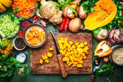 Sliced pumpkin, vegetables, mushrooms, root vegetables, spices, wood cutting board. Thanksgiving Day preparation. Healthy eating, slow food.