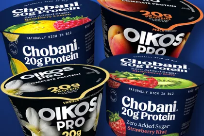 collage of oikos pro and chobani protein yogurt cups