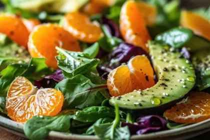 fruit salad with oranges and spinach and avocado slices