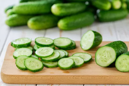 Whole and sliced fresh cucumbers on a cutting board on a wooden table