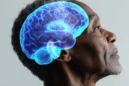 African American man in profile with overlay of a stylized brain