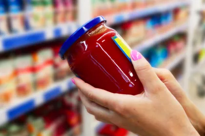 hands holding a jar of food reading the label in a grocery store