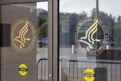 Washington, DC, USA - June 24, 2022: The symbol of the U.S. Department of Health and Human Services is seen at the entrance to its headquarters in the Hubert H. Humphrey Building in Washington, DC. 