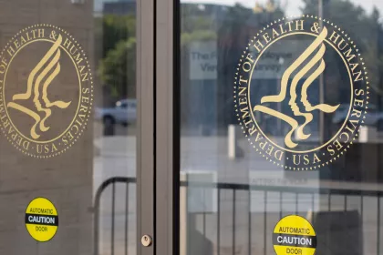 Washington, DC, USA - June 24, 2022: The symbol of the U.S. Department of Health and Human Services is seen at the entrance to its headquarters in the Hubert H. Humphrey Building in Washington, DC. 