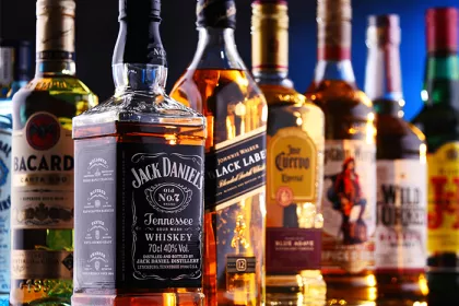 bottles of alcohol on a bar