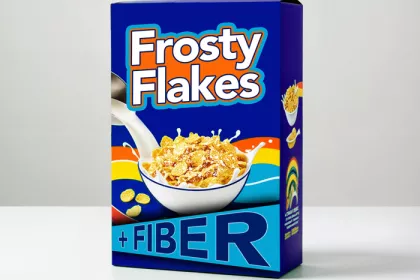box of fictional cereal called frosty flakes + fiber