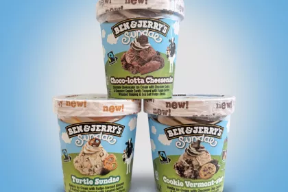 3 Ben & Jerry's Sundaes pints in a pyramid. Flavors included: Choco-lotta Cheesecake, Turtle Sundae, and Cookie Vermont-ster
