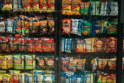 Shelves of assorted chips behind glass.