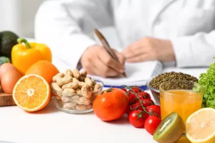 Young female nutritionist with healthy food writing diet plan in office, closeup