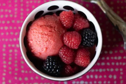 bowl of pink sorbet with berries in a white bowl on a bright pink background