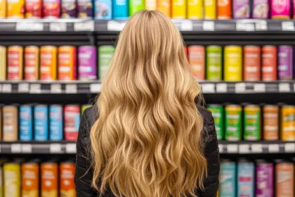 woman with long blond hair facing away towards grocery shelves of colorful canned drinks