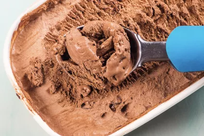 ice cream scoop in a 1.5 quart tub of chocolate ice cream