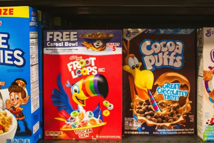 A supermarket shelf displaying boxes of brightly colored breakfast cereals.
