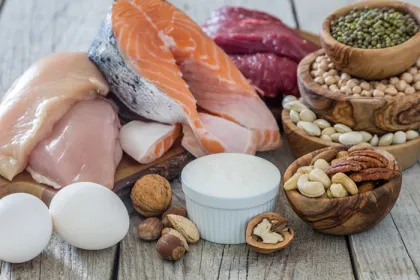 an assortment of plant-based and animal-based protein foods