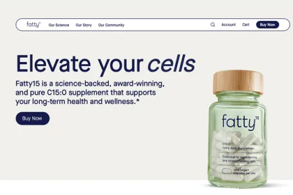 screenshot of fatty15 website with green supplement bottle