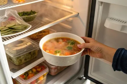 person putting uncovered bowl of stew into a fridge