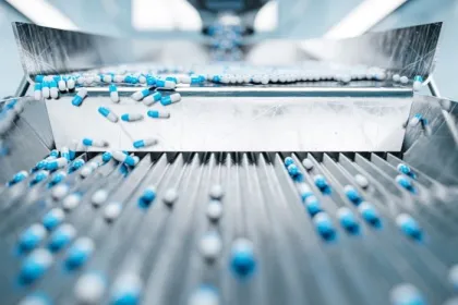 Blue and white capsules on a pharmaceutical sorting machine