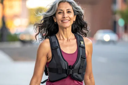 a middle aged woman walking wearing a weighted vest