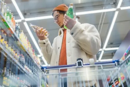 Guy in supermarket reads label, composition of sodas, chooses, compares prices, looks for benefits. Bottom view from grocery cart.