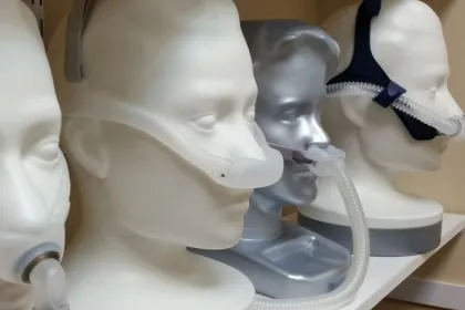 Model heads wearing various CPAP machines