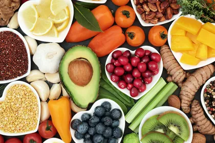Assortment of different types of foods in heart-shaped bowls