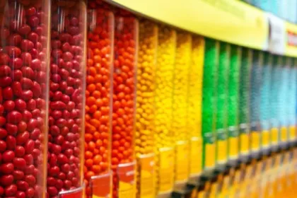 Colorful assortment of round candy drops in clear plastic containers arranged in a row.