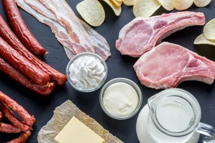 Sources of saturated fats, including red meat, dairy, and fried foods