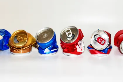 a lineup of flattened soda cans