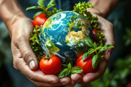 hands holding a planet and tomatoes