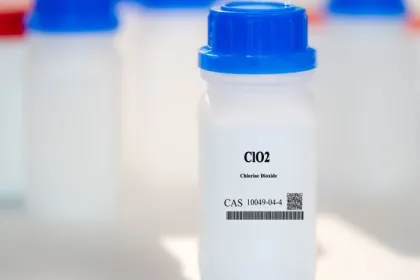 ClO2 chlorine dioxide CAS 10049-04-4 chemical substance in white plastic laboratory packaging