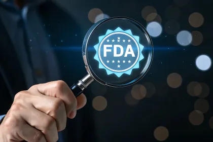A man holding a magnifying glass with the FDA logo reflected in the glass