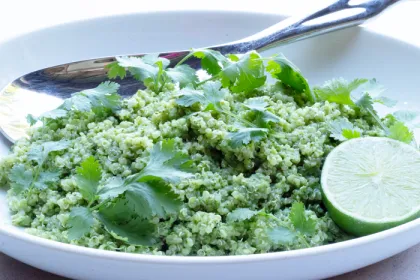 white bowl with cilantro and lime quinoa