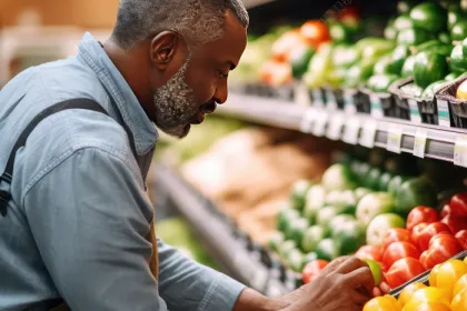 Man picking out fruit from grocery store shelves
