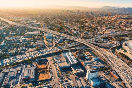 Aerial view of a freeway intersection in Los Angeles