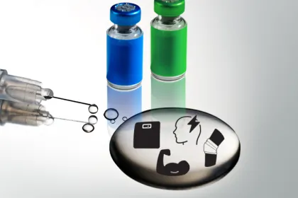 syringe with puddle of clear liquid and 2 vials