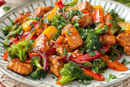 plate of tempeh with lots of veggies and sauce