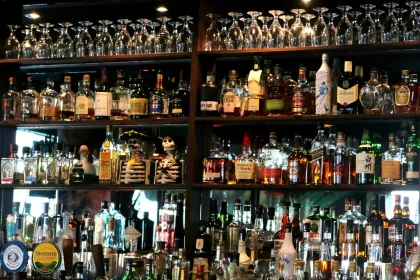 Bar shelf with a variety of liquor