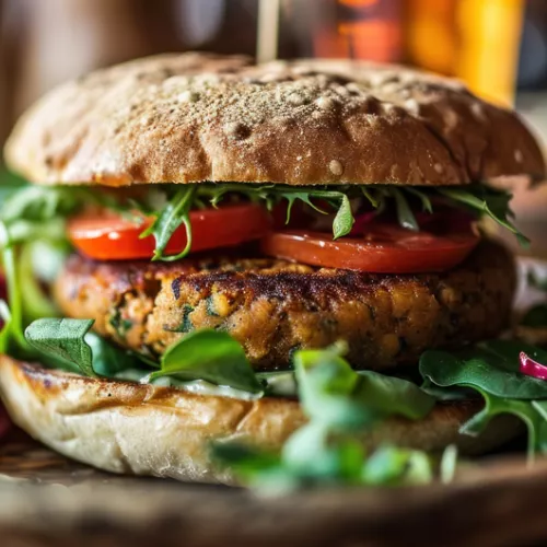 vegie burger on a plate with sesame bun and lettuce and tomato